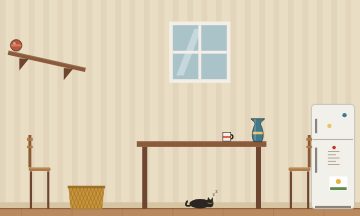 The kitchen after the incident: a shelf, a table, a fridge, a basket and a sleeping cat
